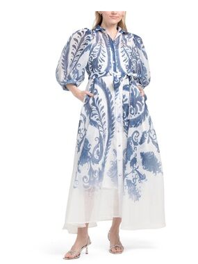 Nancy Yang Blue & White Paisley Button-Front Maxi Dress
